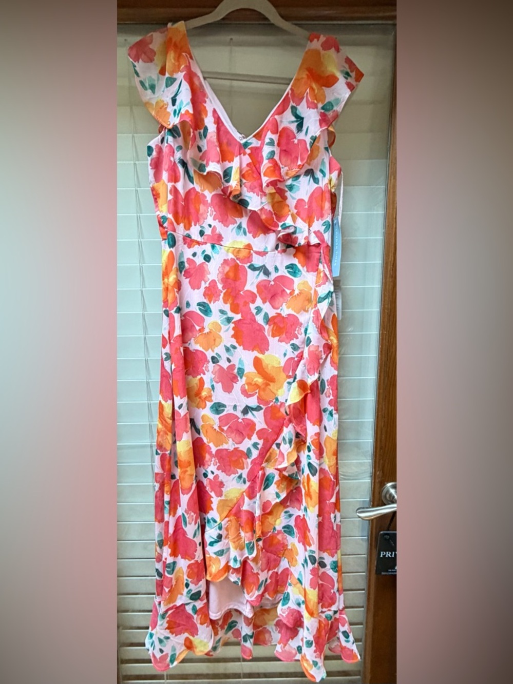 London Times Ruffle V-Neck Maxi Dress in Coral & Orange